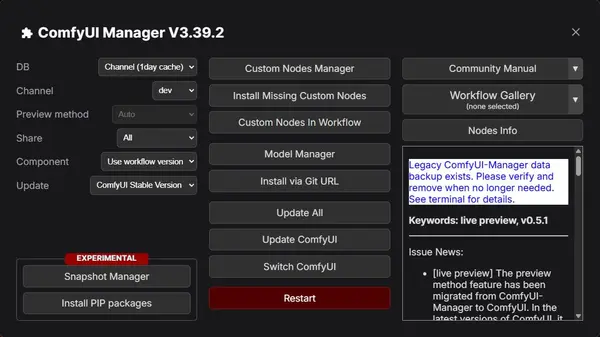 ComfyUI Manager panel — main interface showing the "Install Missing Custom Nodes" button location