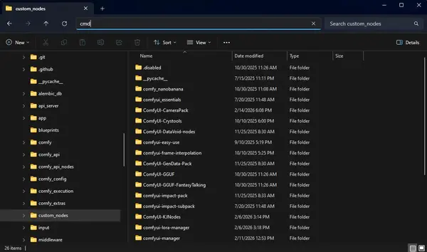 ComfyUI custom_nodes folder in Windows Explorer — the correct install location