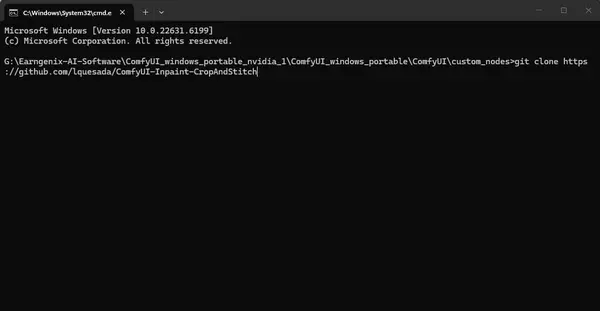 Terminal running git clone command inside ComfyUI custom_nodes folder