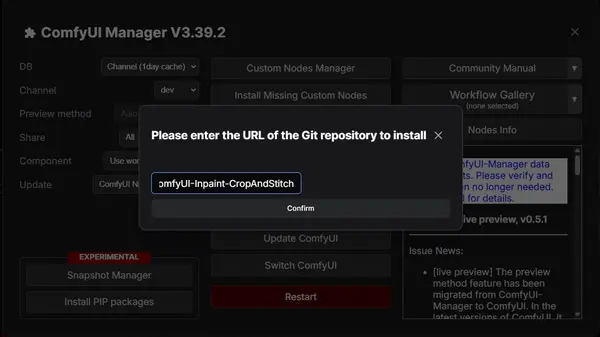 ComfyUI Manager — "Install via Git URL" option for installing nodes from a GitHub repo URL