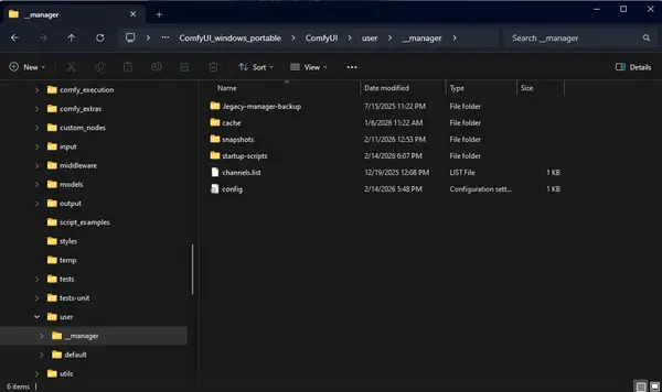 ComfyUI Manager config folder — location of the config file for changing the security level setting