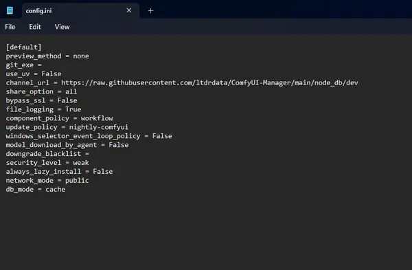 ComfyUI Manager config file — security_level changed to weak to allow Git URL installs