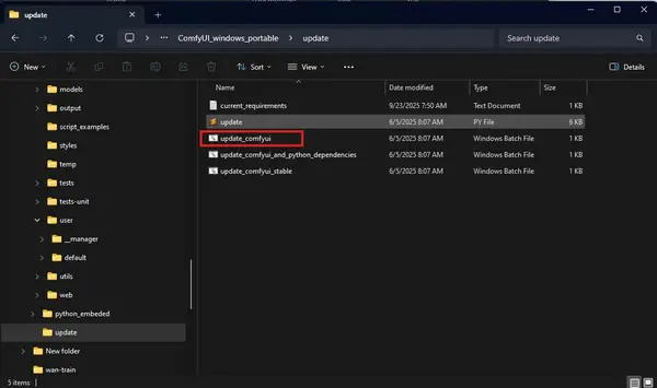 ComfyUI update folder — showing the update_comfyui file to run