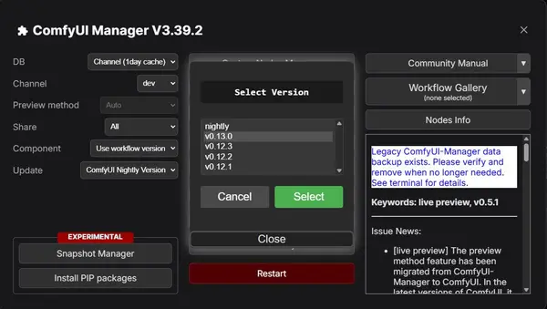ComfyUI Manager — Switch ComfyUI option to activate the latest version