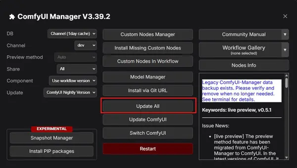 ComfyUI Manager — "Update All" button to update all installed custom nodes at once