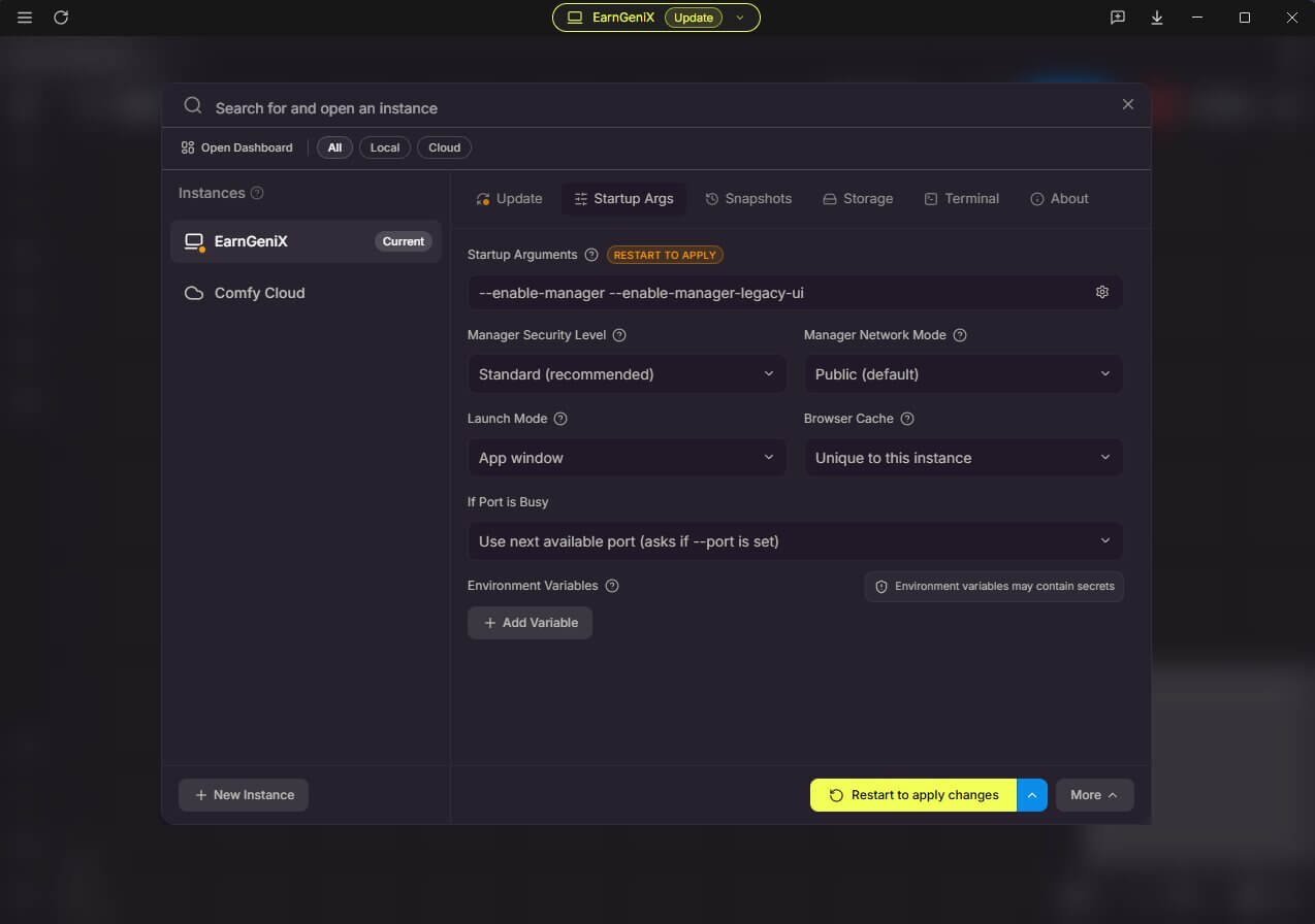 ComfyUI Desktop — Server Settings → UI Settings showing the "Use legacy manager interface" toggle