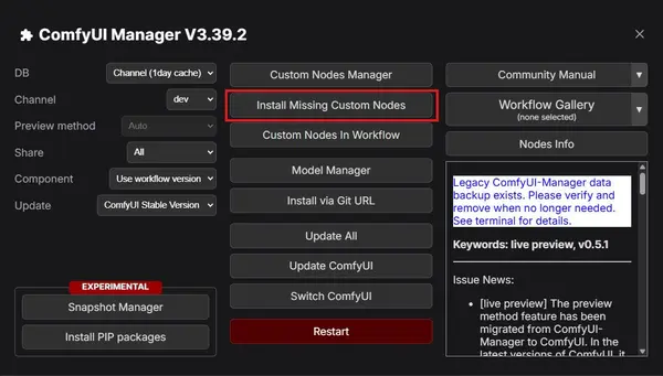 ComfyUI Manager — "Install Missing Custom Nodes" button that auto-detects and installs all nodes required by the current workflow