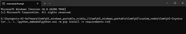 Terminal running pip install requirements.txt for a ComfyUI custom node