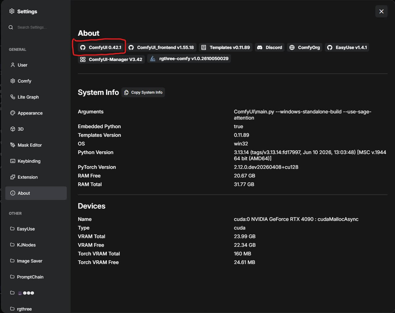 ComfyUI Settings About page showing the installed ComfyUI version number