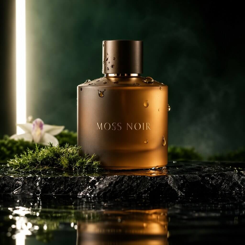 MOSS-Image BF16 result: amber glass perfume bottle on wet black stone with a MOSS NOIR label, same seed