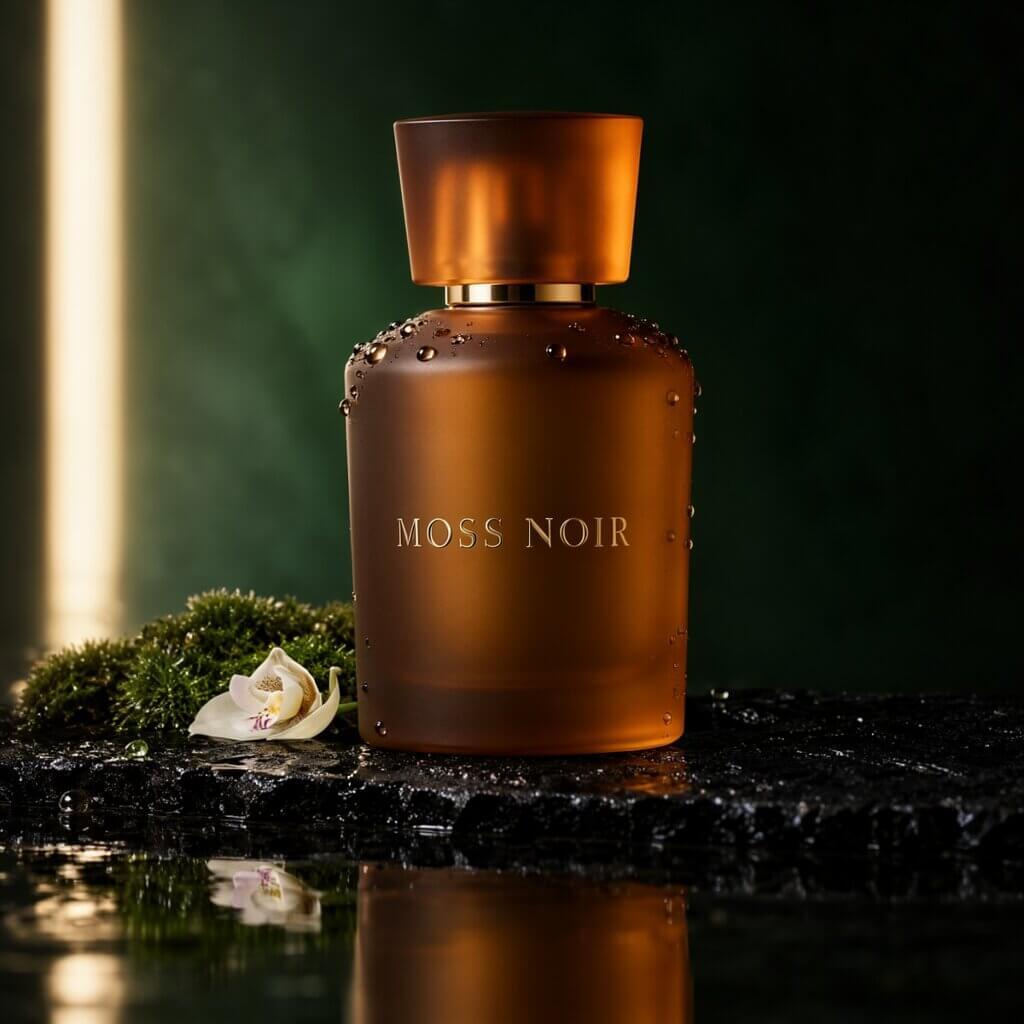 MOSS-Image INT8 result: amber glass perfume bottle on wet black stone with a MOSS NOIR label