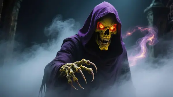 Qwen Image ComfyUI output — dark hooded figure with glowing eyes and swirling magical energy in thick fog