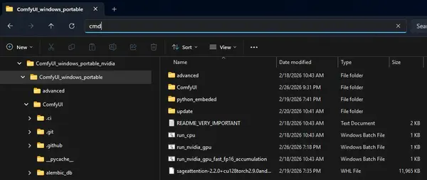 Windows Explorer address bar — typing cmd to open a terminal in the ComfyUI_windows_portable folder