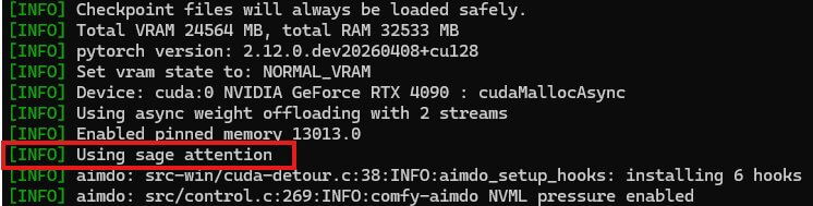 ComfyUI console window at startup showing SageAttention confirmed as active