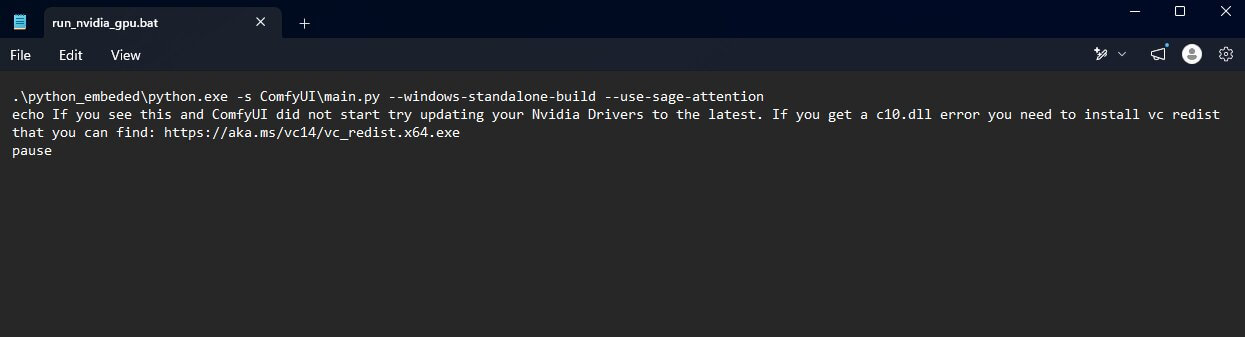 run_nvidia_gpu_sage.bat file open in a text editor with --use-sage-attention added to the ComfyUI launch line