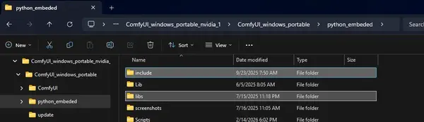 ComfyUI python_embeded folder — showing the include and libs folders copied from the Triton include/libs zip