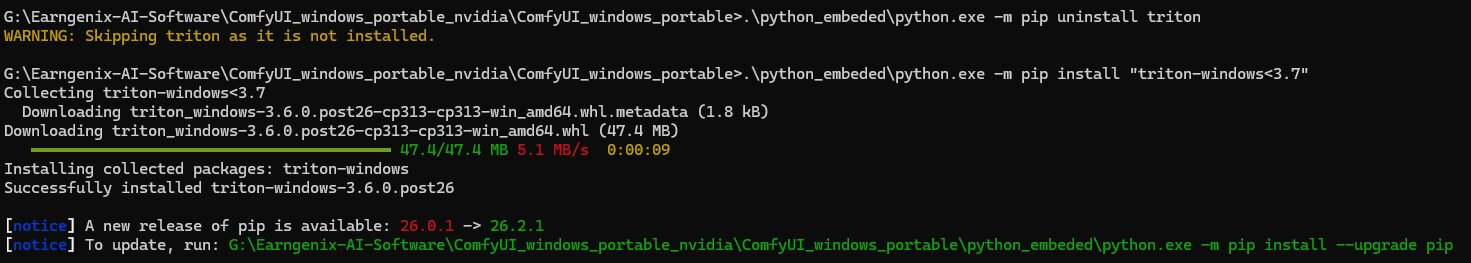 Terminal running pip install triton-windows command to install the Windows-compatible Triton package for SageAttention