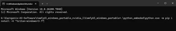 Terminal running pip install triton-windows command to install the Windows-compatible Triton package for SageAttention