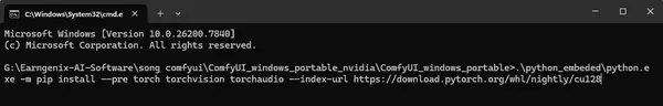 Terminal running pip install torch torchvision torchaudio with CUDA 12.8 nightly build for SageAttention compatibility