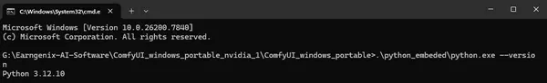 Terminal showing the embedded Python version in ComfyUI portable — used to select the correct Triton include/libs zip file