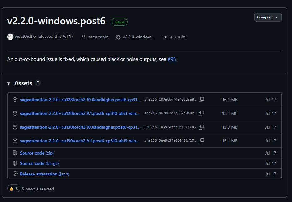 SageAttention GitHub releases page — showing available wheel files to download for different CUDA and PyTorch version combinations