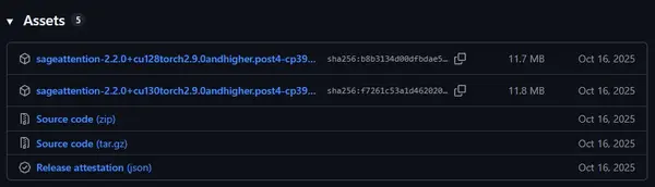 SageAttention GitHub releases page — showing available wheel files to download for different CUDA and PyTorch version combinations