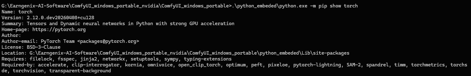 Terminal showing pip show torch output with PyTorch version number in ComfyUI — used to match the SageAttention wheel file