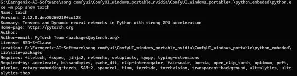 Terminal showing pip show torch output with PyTorch version number in ComfyUI — used to match the SageAttention wheel file