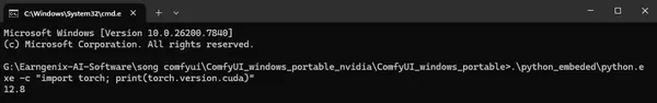 Terminal showing the CUDA version reported by PyTorch in ComfyUI embedded Python — used to select the correct SageAttention wheel