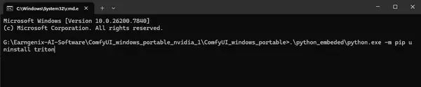 Terminal running pip uninstall triton command in ComfyUI portable folder to remove old Triton installation