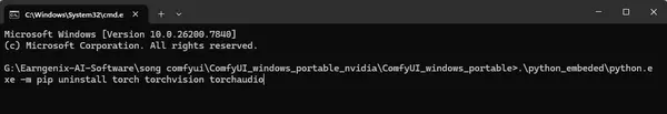 Terminal running pip uninstall torch torchvision torchaudio command in ComfyUI folder before installing the updated CUDA-compatible build