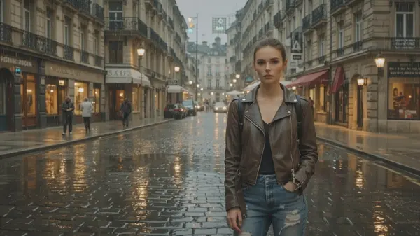 Wan2.2 ComfyUI output — realistic young woman on wet European cobblestone street with neon reflections and cinematic lighting