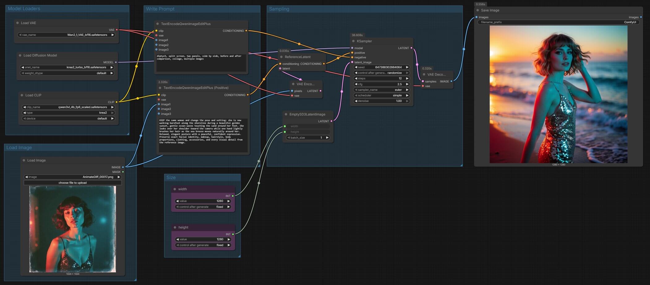 Krea 2 character consistency workflow loaded on the ComfyUI canvas — model loaders, image loader, prompt, and sampling groups visible