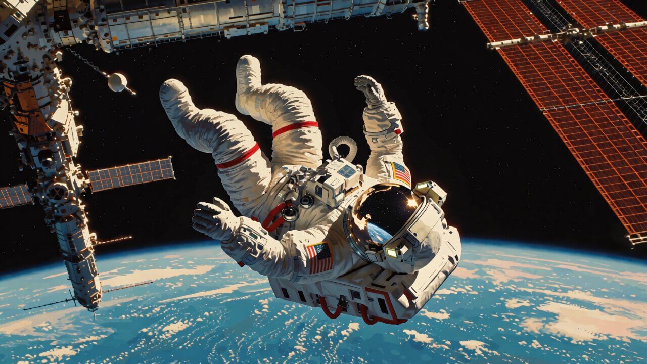 Astronaut floating mid-somersault outside a space station, Earth reflected in helmet visor, generated by Krea 2 Turbo in ComfyUI