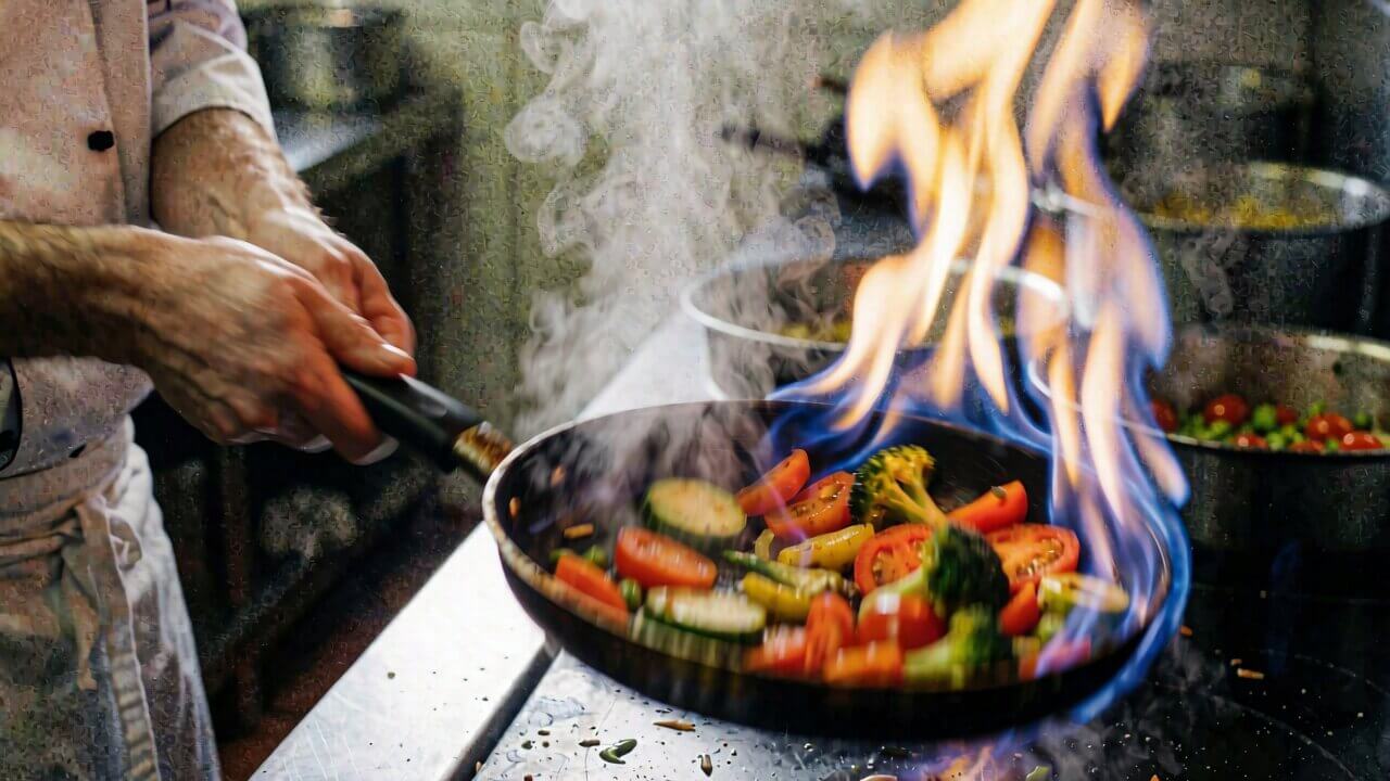 Chef flipping a pan of flaming vegetables, generated by Krea 2 Turbo in ComfyUI