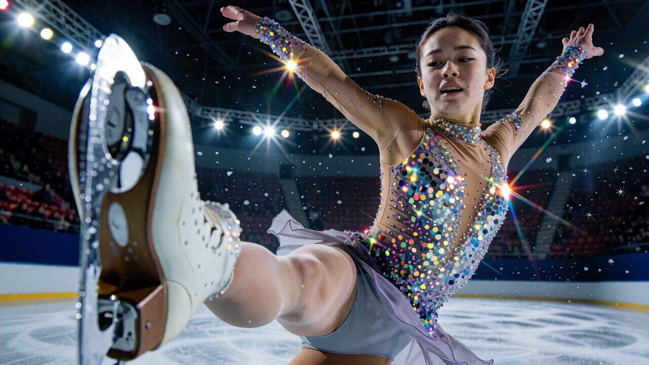 Figure skater mid-axel jump under arena lights, generated by Krea 2 Turbo in ComfyUI