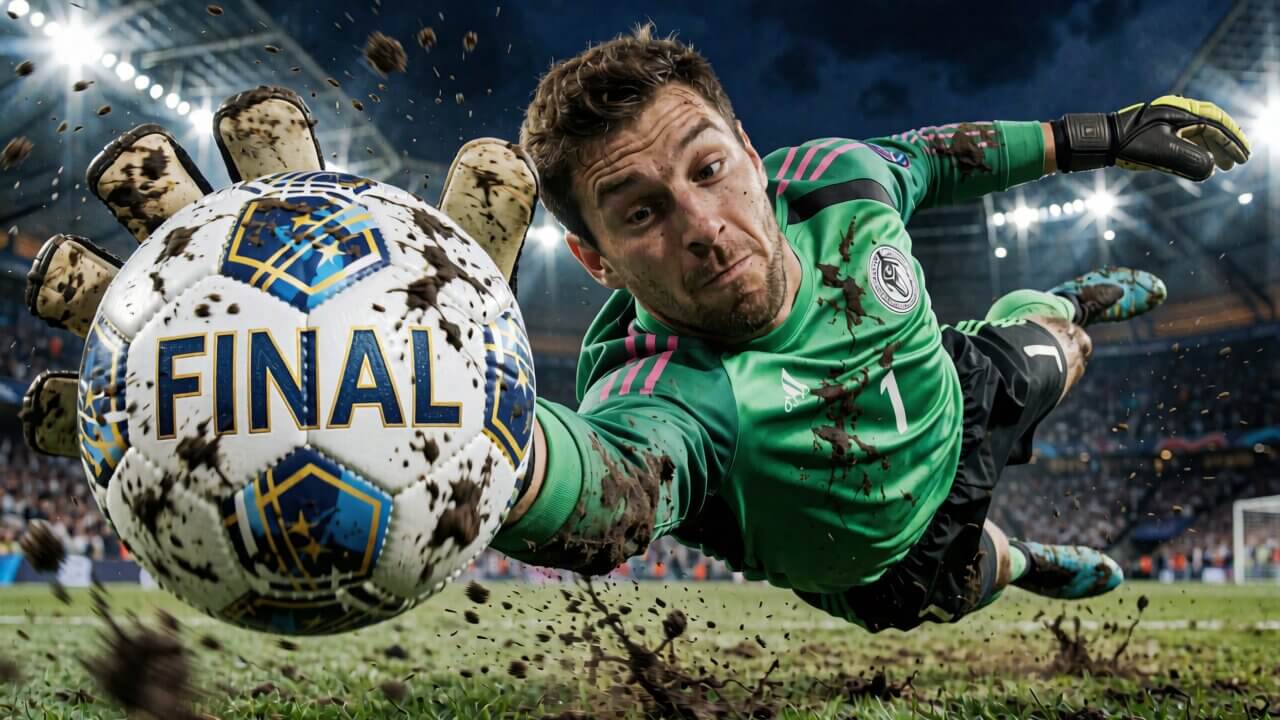 Goalkeeper diving to block a soccer ball labeled FINAL, generated by Krea 2 Turbo in ComfyUI