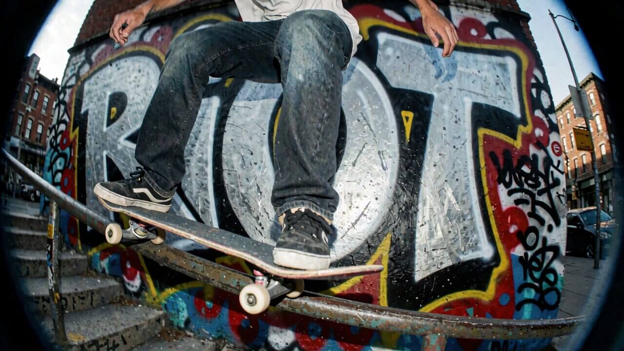 Street skateboarder grinding a rail with RIOT graffiti behind him, generated by Krea 2 Turbo in ComfyUI