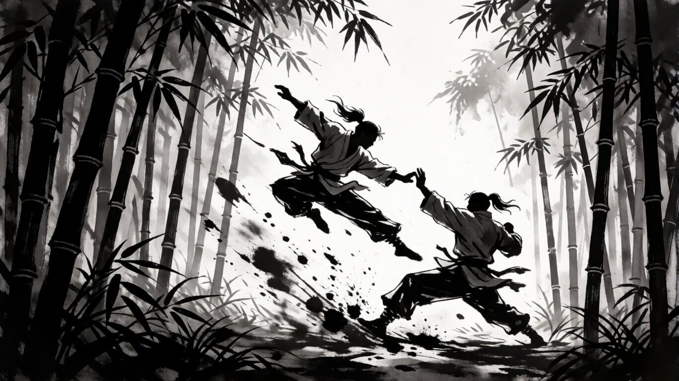 Krea 2 darkbrush LoRA output — monochrome ink wash in East Asian brush painting style