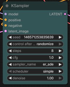 The KSampler node with steps=8, cfg=1.0, sampler_name=er_sde, scheduler=simple, and the prompt_enhance toggle visible
