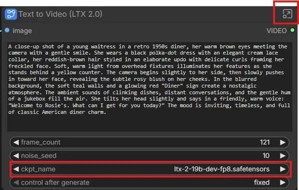 LTX-2 subgraph node in ComfyUI showing the CKPT_name field set to ltx-2-19b-dev-fp8.safetensors