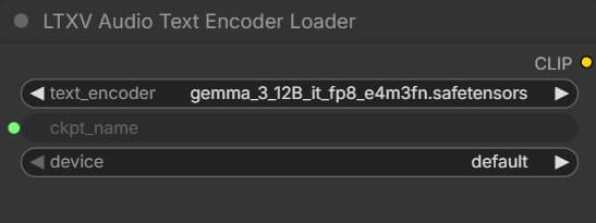 ComfyUI LTXV audio text encoder loader node showing gemma_3_12B_it_fp8_e4m3fn.safetensors selected
