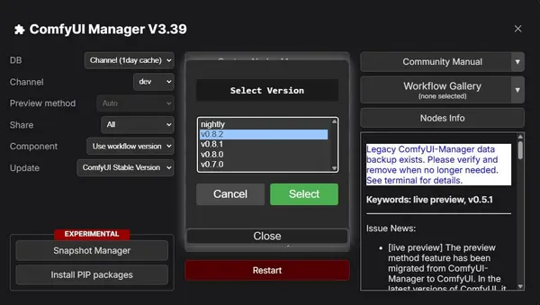 ComfyUI Switch Version dialog with version selector set to v0.8.1 or higher