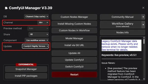 ComfyUI channel settings showing dev channel selected with ComfyUI nightly update version