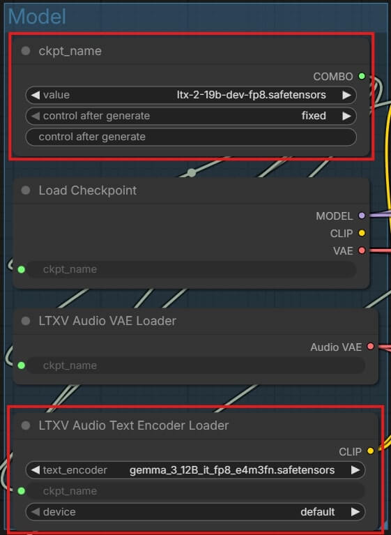 ComfyUI LTXV audio text encoder loader node showing gemma_3_12B_it_fp8_e4m3fn.safetensors selected