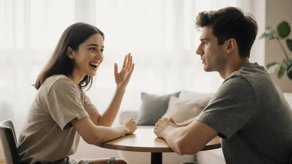 LTX-2 I2V source image — young woman and man seated indoors for conversational scene