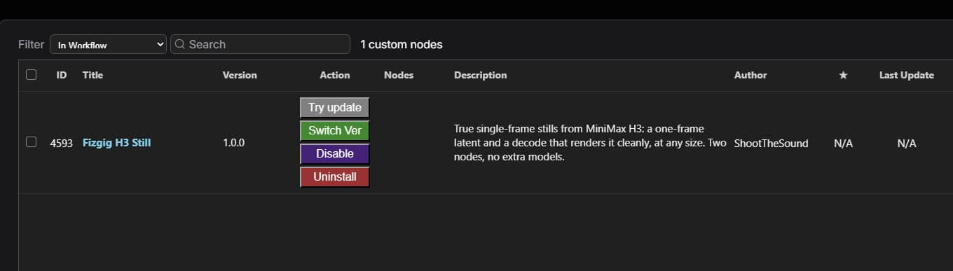 ComfyUI node search showing Fizgig H3 Still Latent and Fizgig H3 Still Decode