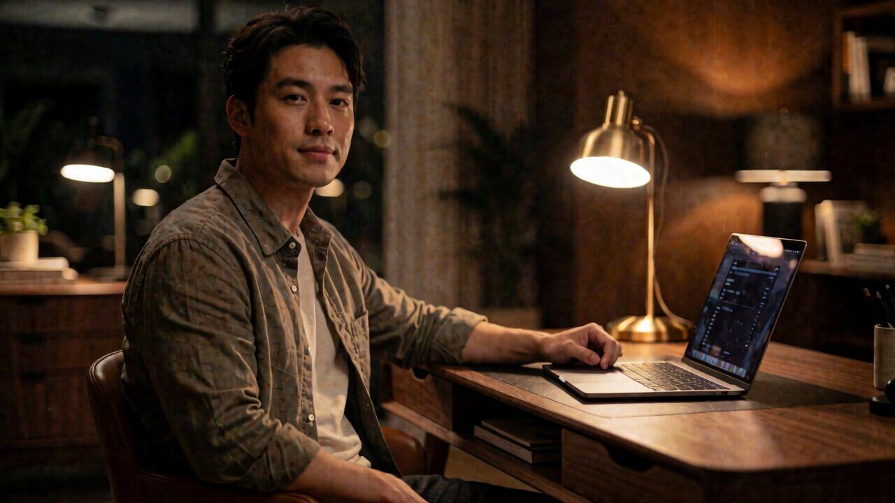 Reference image — young man seated at a desk with a laptop, used as Shot 1 first frame