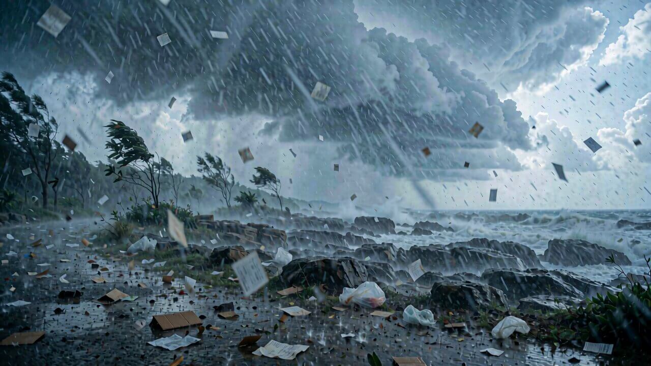 Reference image — full storm covering the coastline, used as the Shot 6 last frame
