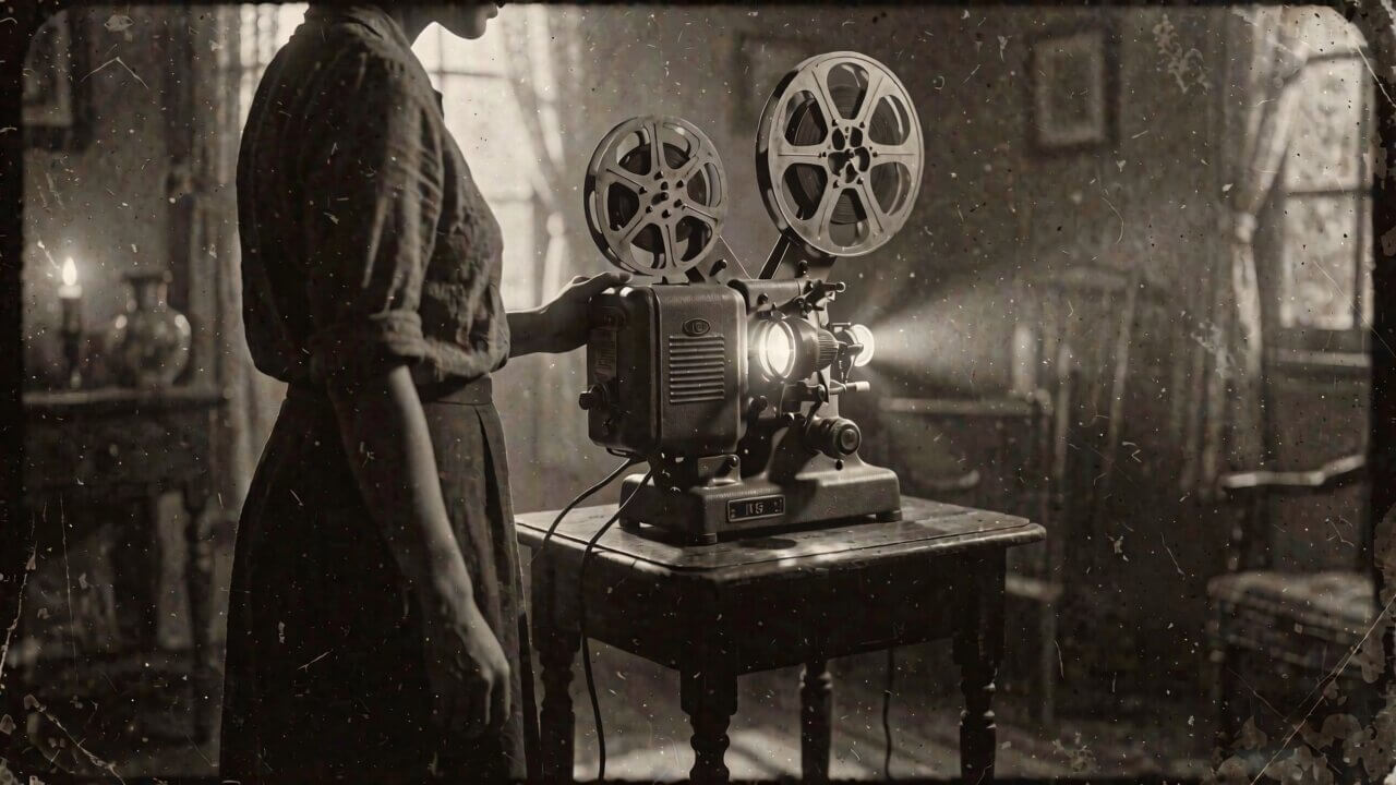 Reference image — subject standing beside a vintage film projector, used as the Shot 1 first frame